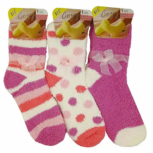 3 PAIRS LADIES FLUFFY STRIPES & POLKA DOT WITH GIFT BOW WARM BED LOUNGE SOCKS My Store