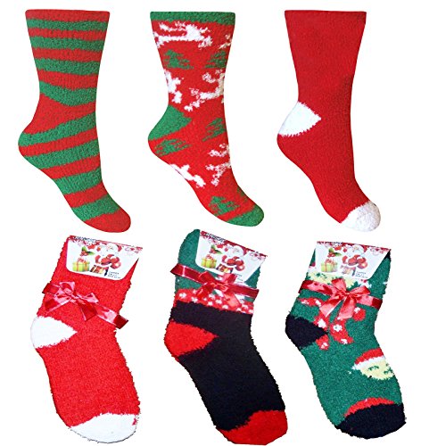 4 Pairs Ladies Christmas Fluffy Warm Cosy Evening Bed Socks With Gift Bow