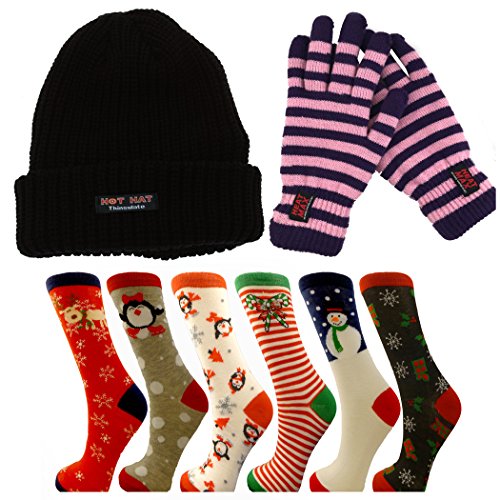 Ladies 3 Piece Thermal Set 4.7 TOG Beanie Hat & Stripe Thermal Glove, Christmas Sock Gift Set