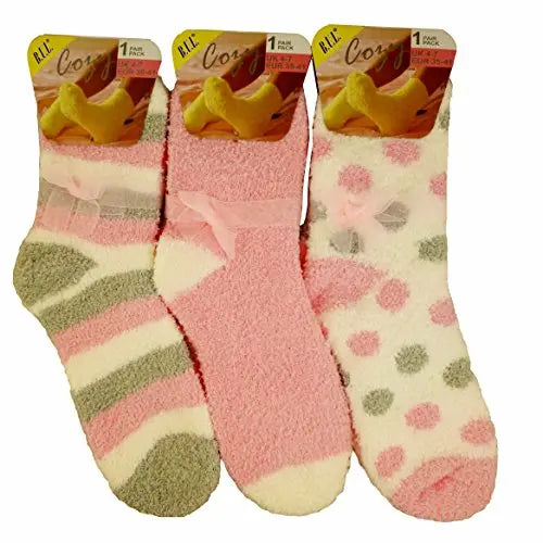 3 PAIRS LADIES FLUFFY STRIPES & POLKA DOT WITH GIFT BOW WARM BED LOUNGE SOCKS My Store