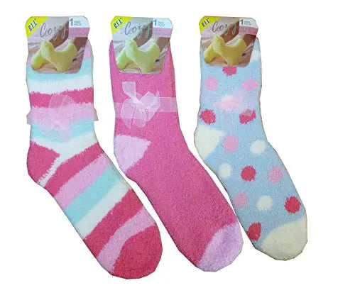 3 PAIRS LADIES FLUFFY STRIPES & POLKA DOT WITH GIFT BOW WARM BED LOUNGE SOCKS My Store