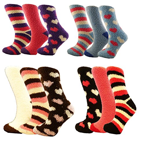 3 PAIRS LADIES FLUFFY STRIPES & POLKA DOT WITH GIFT BOW WARM BED LOUNGE SOCKS