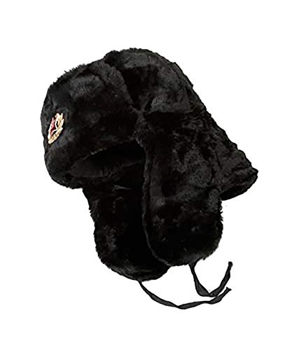 Black Faux Fur Russian Ushanka Hat. 59cm Trapper hat Removable Soviet Badge (Black)