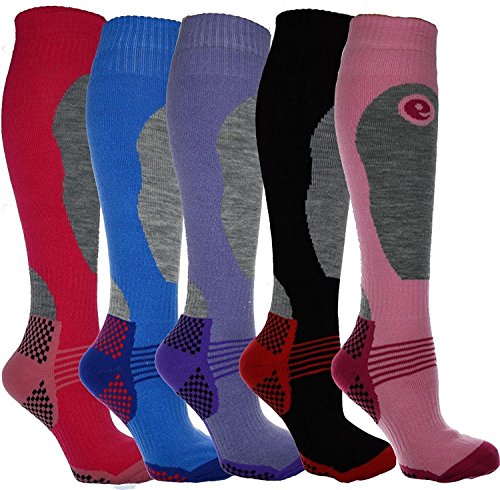 5 Pairs Ladies High Performance SKI and SNOWBOARD socks, long hose thermal socks - Size UK 4-7 Special Padded for better Protection