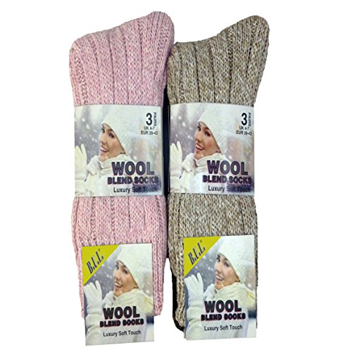 B.U.L 6 PAIRS LADIES THERMAL WOOL SOCKS BEST FOR SKI HIKE CAMPING 4-7 UK/EU 35-42 SIZE