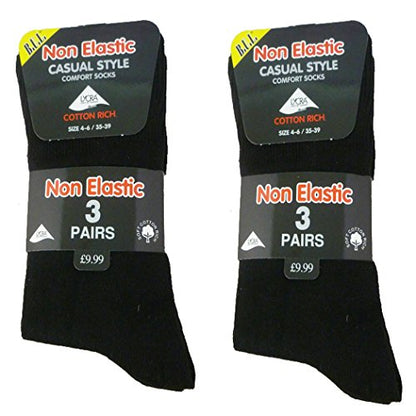 3/6 / 12 Pairs Ladies Super Soft Non Elastic Diabetic Anti Bacterial Socks 4-7 Size (Black 6 Pairs)