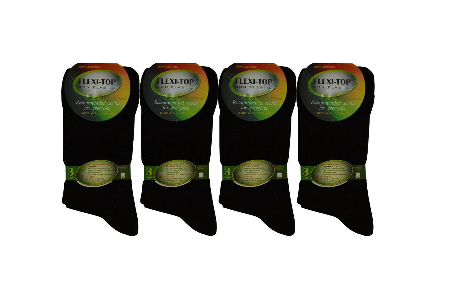 6 Pairs of Diabetic Socks - Cotton Rich Non Elastic with Flexi Top in Black